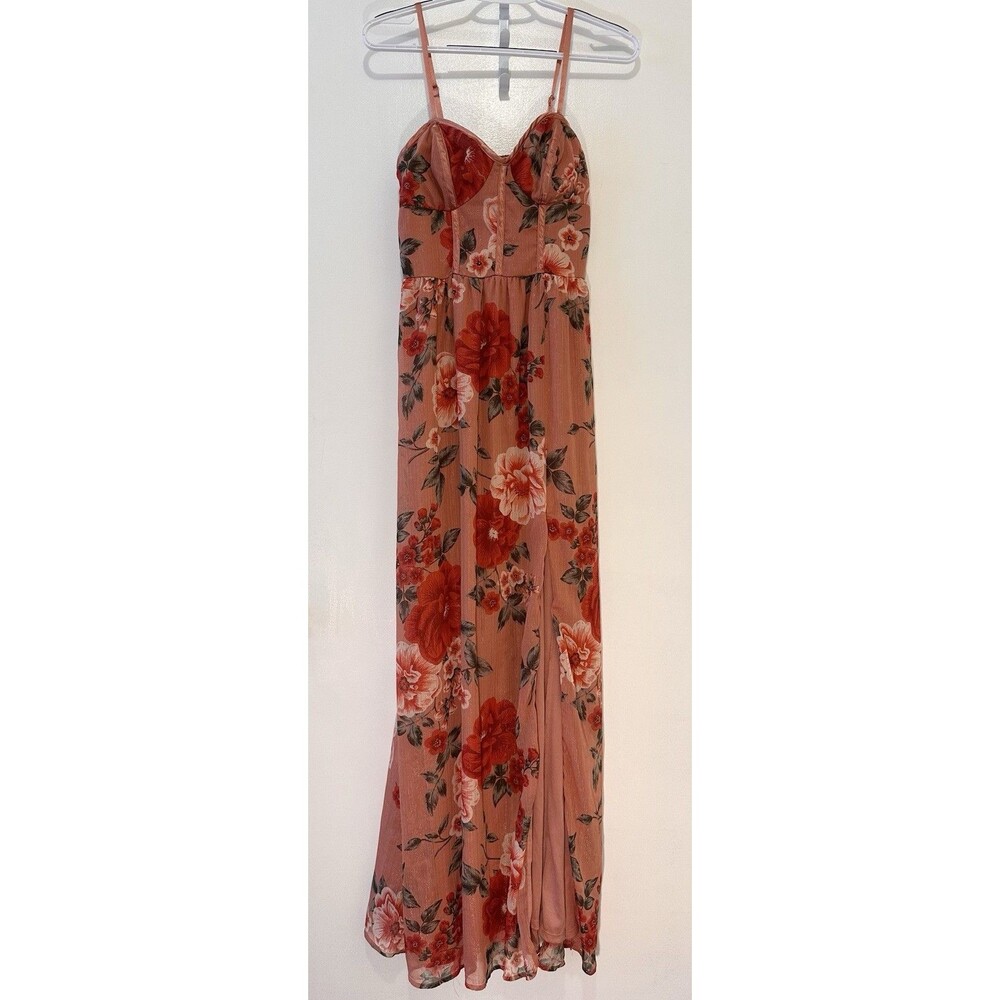 Crystal Doll Floral Shimmer Maxi Dress Bustier Bodice Spaghetti Straps Size 7